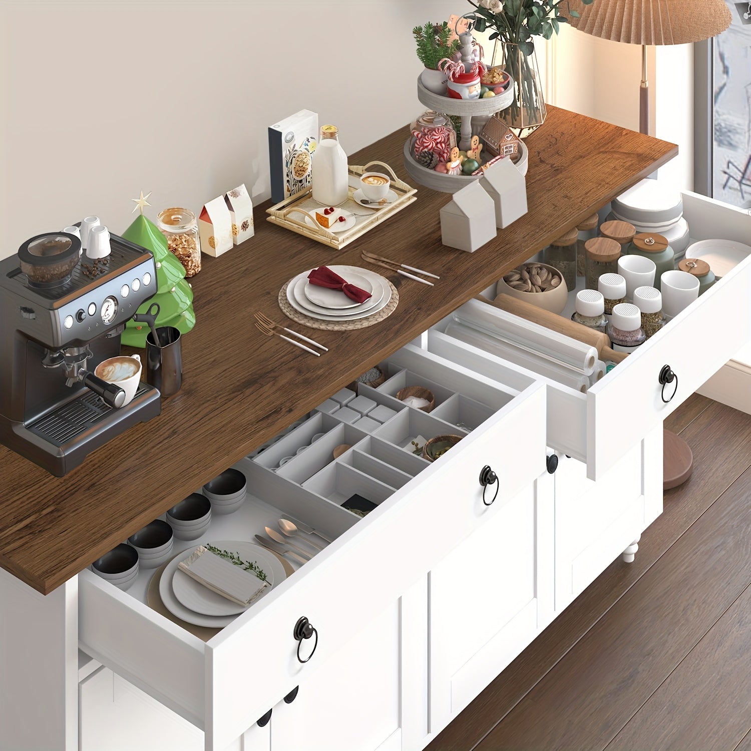 55'' Modern Multi-Functional Sideboard Buffet Cabinet, Buffet Cabinet with Adjustable Shelves & Elevated Legs, Mid-Century Kitchen Buffet Storage Cabinet with 2 Drawers & 4 Doors, TV Stand Buffet, Cabinet, Suitable for Living Room, Kitchen, Dining