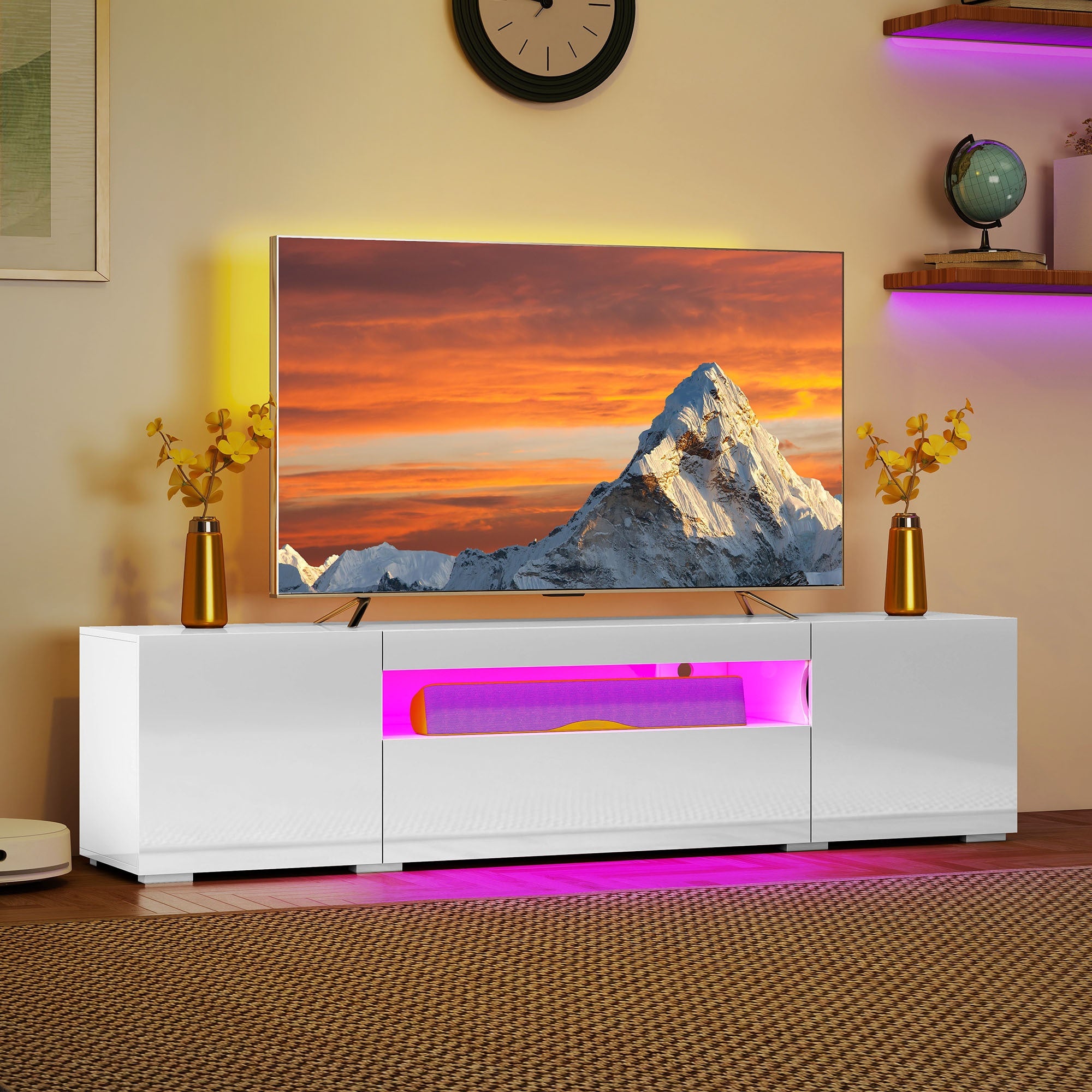 Modern White High-Gloss TV Stand for 75-Inch TVs | Sleek LED Entertainment Center with Ample Storage, Stylish Media Console Cabinet for Living Room, Artificial Board and Hardwood Material, Plug Powered, 110V Operating Voltage