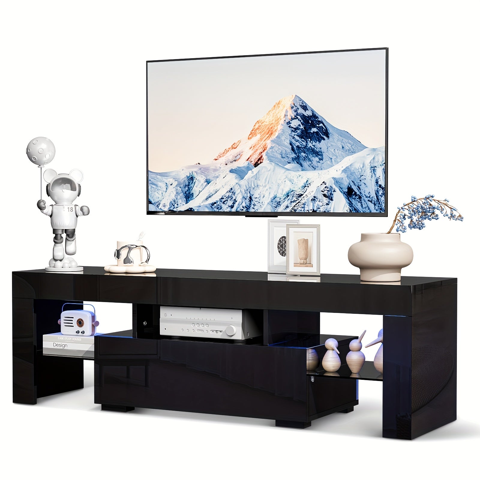 Industrial Television Stand, Cabinet with Drawer And Glass Shelf, Industrial Console with Open Storage for Living Room And Bedroom, (White, 51 Inches X 14 Inches X 18 Inches)