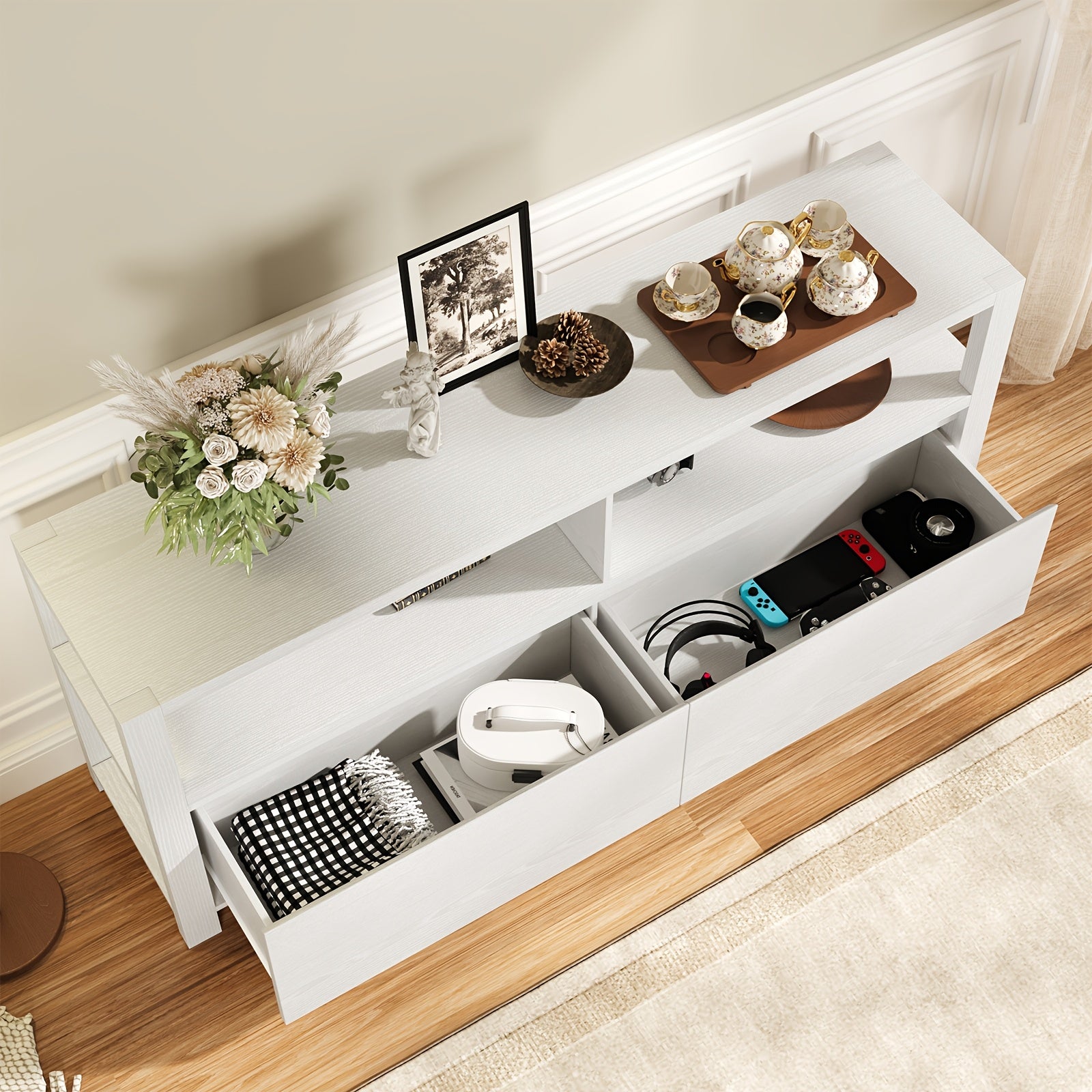 62-Inch Contemporary Television Cabinet, Suitable for 30 to 70-Inch Screens, Featuring Open Shelving And Two Drawers, Easy to Put Together for The Living Area