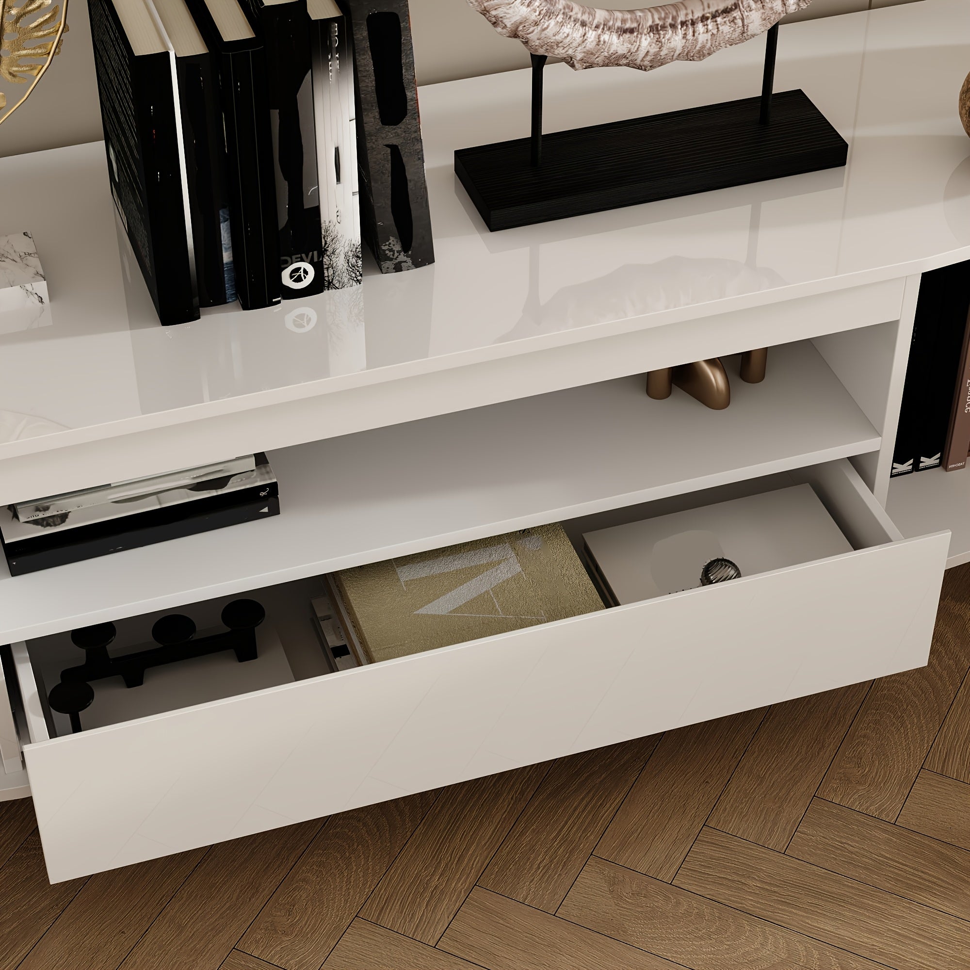 70.9'' W Contemporary 2-Door Television Stand Featuring a Drawer, Open Shelf, And 2 Side Cabinets, Floor Media Console Table Entertainment Center with Ample Counter Space, Ideal for Living Room, White