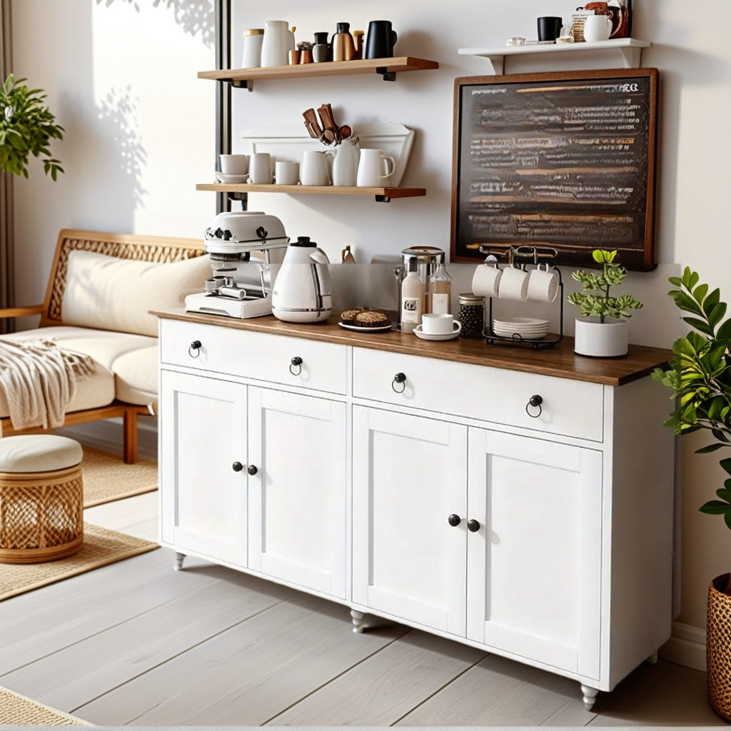 55'' Modern Multi-Functional Sideboard Buffet Cabinet, Buffet Cabinet with Adjustable Shelves & Elevated Legs, Mid-Century Kitchen Buffet Storage Cabinet with 2 Drawers & 4 Doors, TV Stand Buffet, Cabinet, Suitable for Living Room, Kitchen, Dining