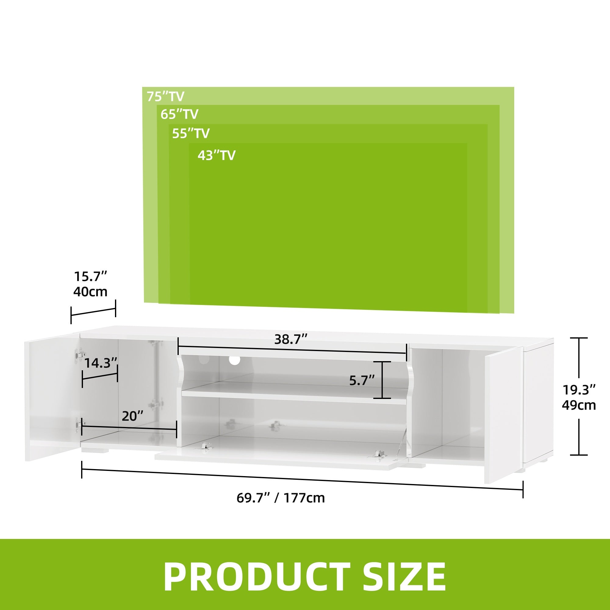 Modern White High-Gloss TV Stand for 75-Inch TVs | Sleek LED Entertainment Center with Ample Storage, Stylish Media Console Cabinet for Living Room, Artificial Board and Hardwood Material, Plug Powered, 110V Operating Voltage
