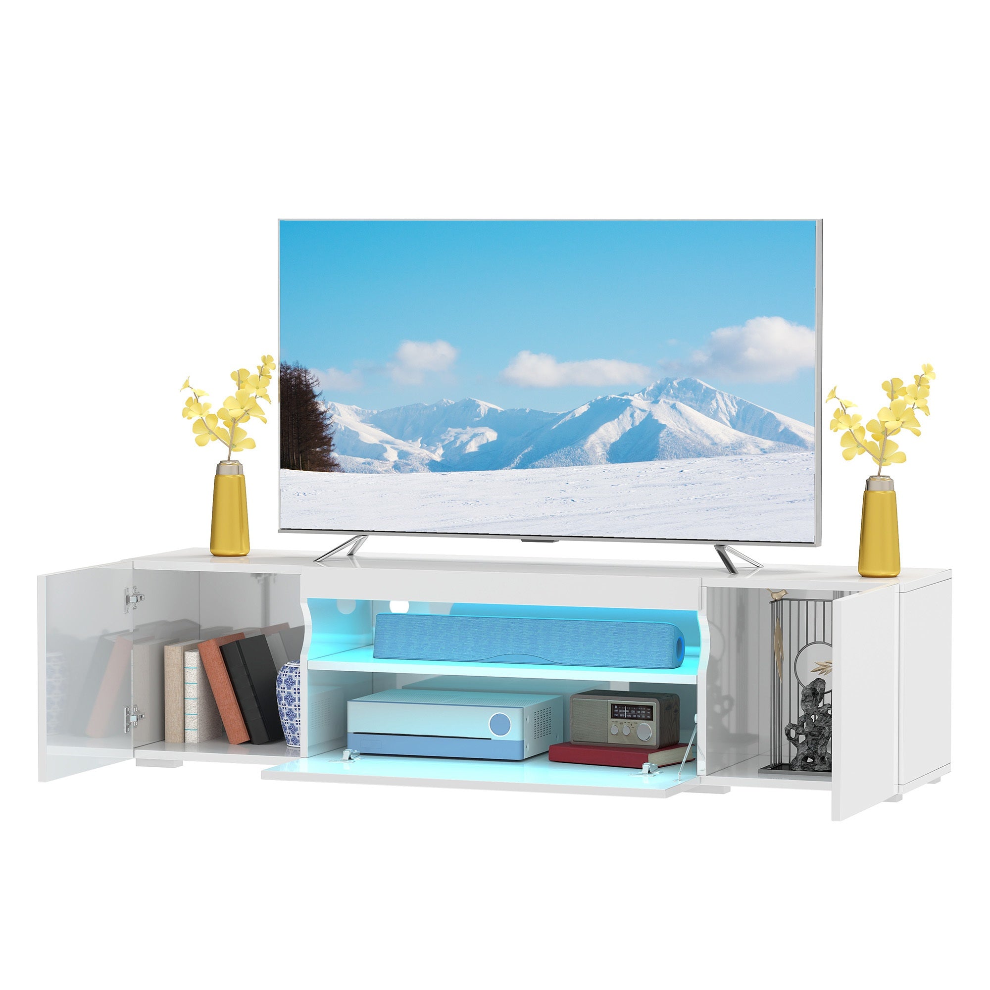 Modern White High-Gloss TV Stand for 75-Inch TVs | Sleek LED Entertainment Center with Ample Storage, Stylish Media Console Cabinet for Living Room, Artificial Board and Hardwood Material, Plug Powered, 110V Operating Voltage