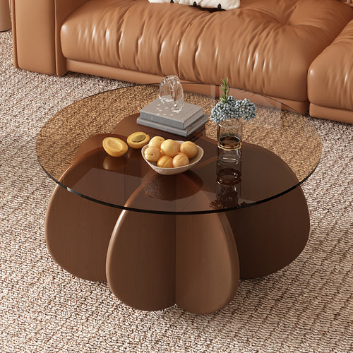31.5-Inch Circular Glass Coffee Table, Sleek And Contemporary Center Table Featuring a Tempered Glass Surface for Compact Areas, Modern Round Coffee Table Suitable for Living Rooms, Homes, Offices, Easy to Assemble. (Brown + Brown)