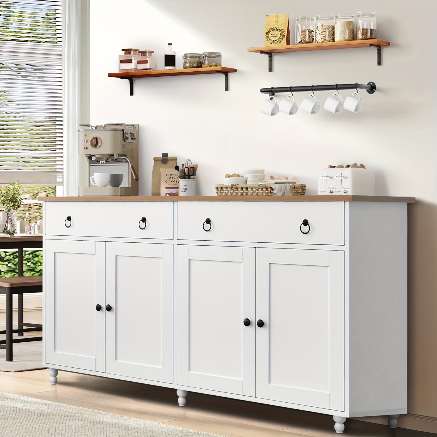 55'' Modern Multi-Functional Sideboard Buffet Cabinet, Buffet Cabinet with Adjustable Shelves & Elevated Legs, Mid-Century Kitchen Buffet Storage Cabinet with 2 Drawers & 4 Doors, TV Stand Buffet, Cabinet, Suitable for Living Room, Kitchen, Dining