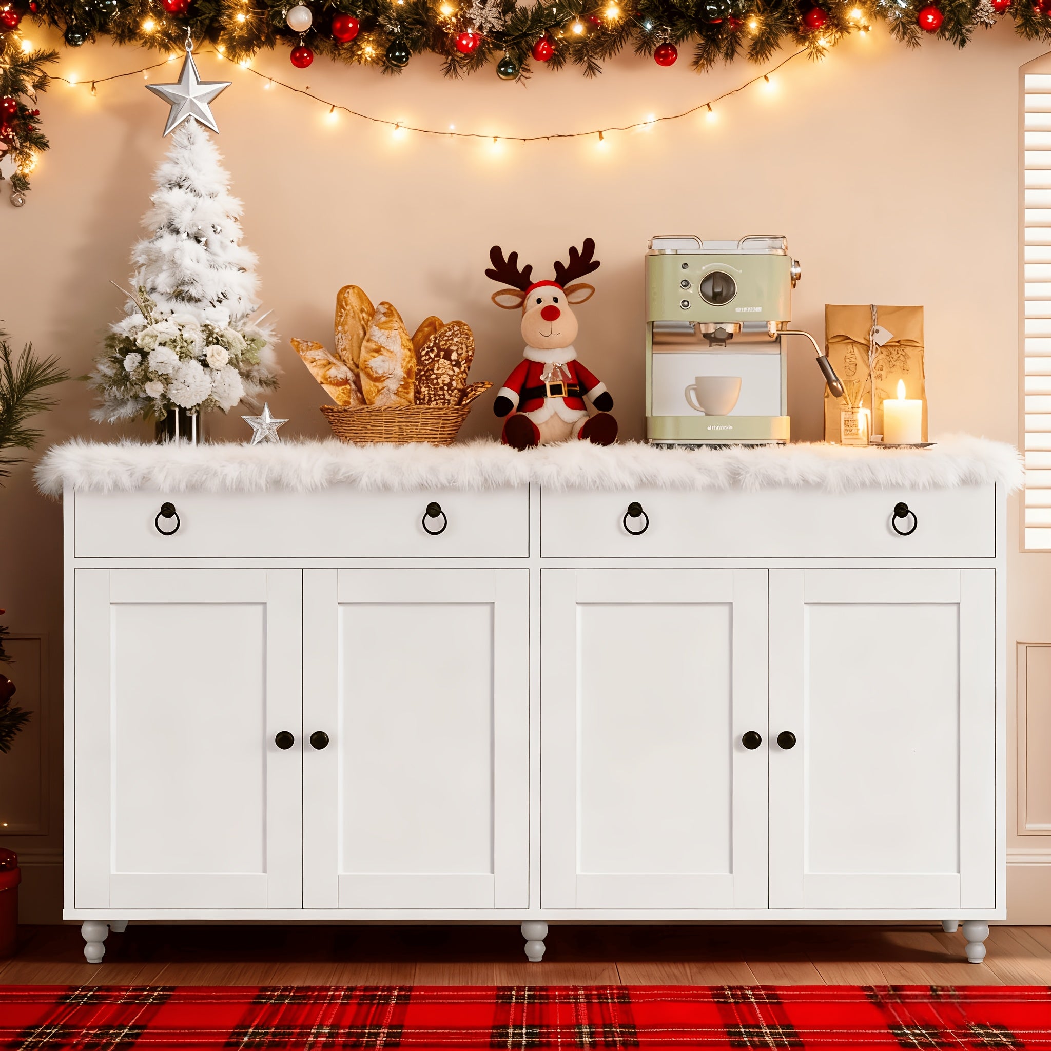 55'' Modern Multi-Functional Sideboard Buffet Cabinet, Buffet Cabinet with Adjustable Shelves & Elevated Legs, Mid-Century Kitchen Buffet Storage Cabinet with 2 Drawers & 4 Doors, TV Stand Buffet, Cabinet, Suitable for Living Room, Kitchen, Dining