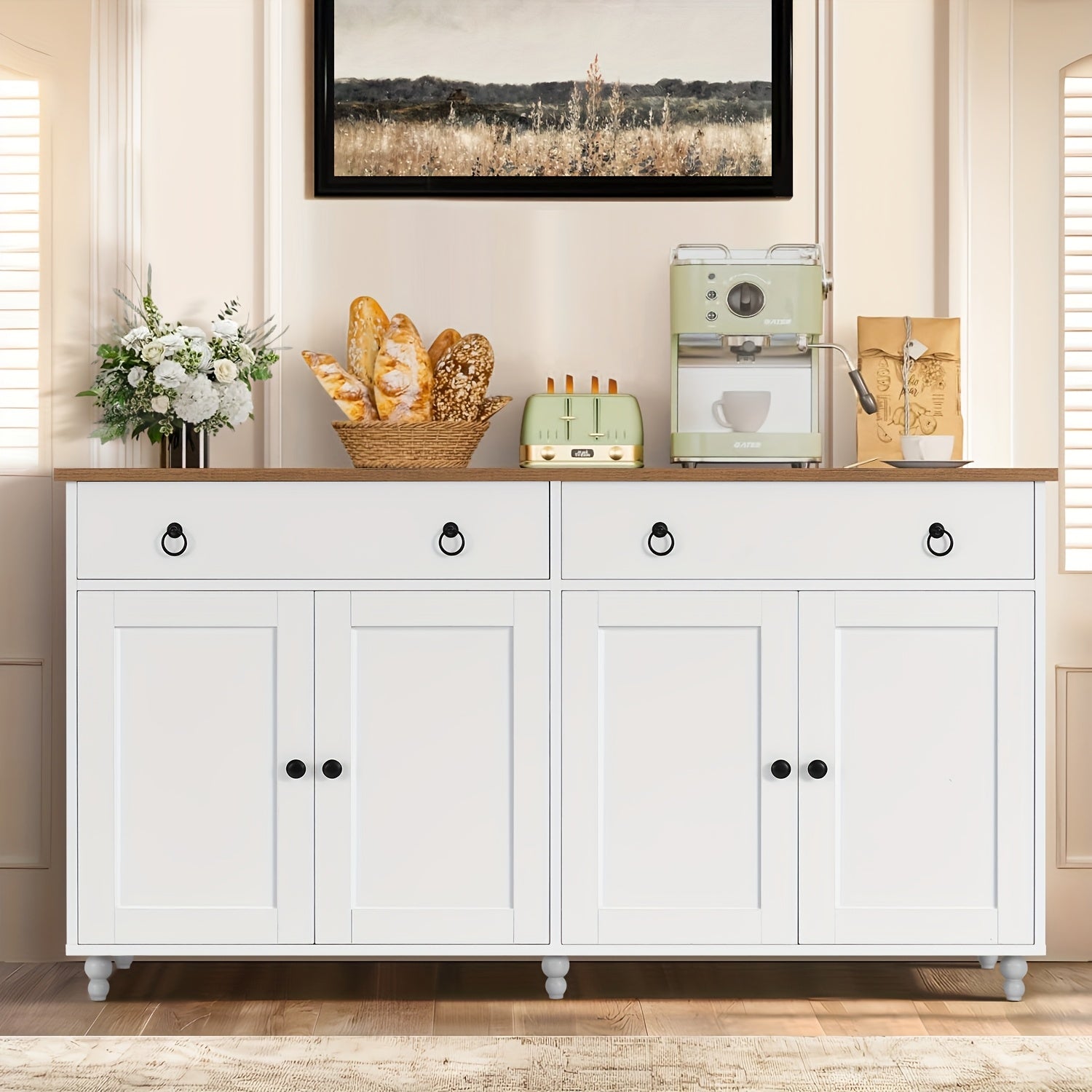 55'' Modern Multi-Functional Sideboard Buffet Cabinet, Buffet Cabinet with Adjustable Shelves & Elevated Legs, Mid-Century Kitchen Buffet Storage Cabinet with 2 Drawers & 4 Doors, TV Stand Buffet, Cabinet, Suitable for Living Room, Kitchen, Dining