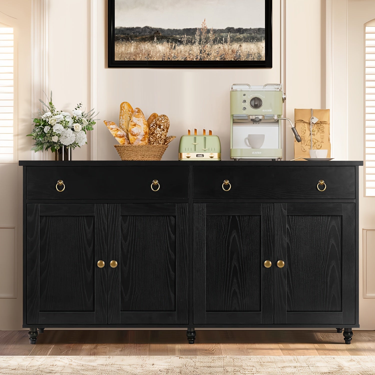 55'' Modern Multi-Functional Sideboard Buffet Cabinet, Buffet Cabinet with Adjustable Shelves & Elevated Legs, Mid-Century Kitchen Buffet Storage Cabinet with 2 Drawers & 4 Doors, TV Stand Buffet, Cabinet, Suitable for Living Room, Kitchen, Dining