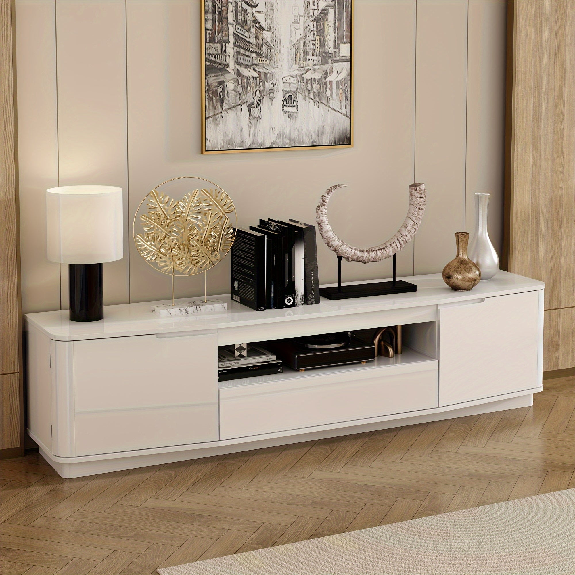 70.9'' W Contemporary 2-Door Television Stand Featuring a Drawer, Open Shelf, And 2 Side Cabinets, Floor Media Console Table Entertainment Center with Ample Counter Space, Ideal for Living Room, White