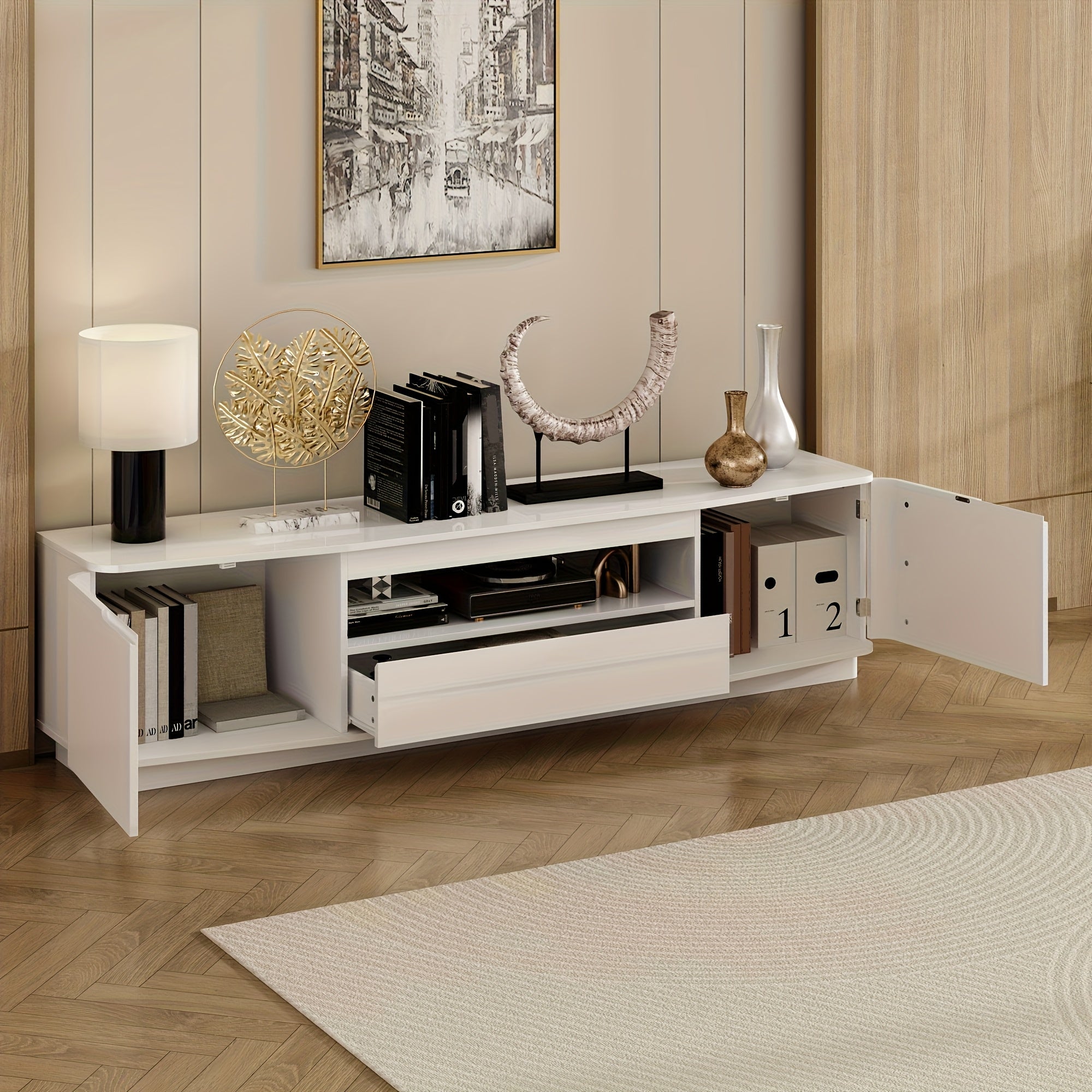 70.9'' W Contemporary 2-Door Television Stand Featuring a Drawer, Open Shelf, And 2 Side Cabinets, Floor Media Console Table Entertainment Center with Ample Counter Space, Ideal for Living Room, White
