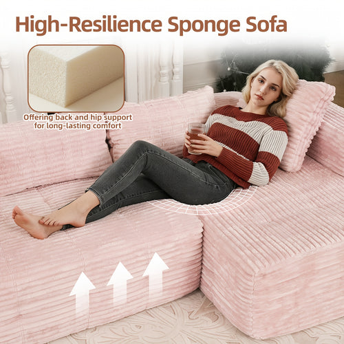 110-inch Modular Cloud Couch for Living Room, Boneless Couch for Living Room, Pink Sofa Couch for Living RoomSoft Corduroy Fabric And Memory Foam Cushions, No Assembly Required, Furniture for Home