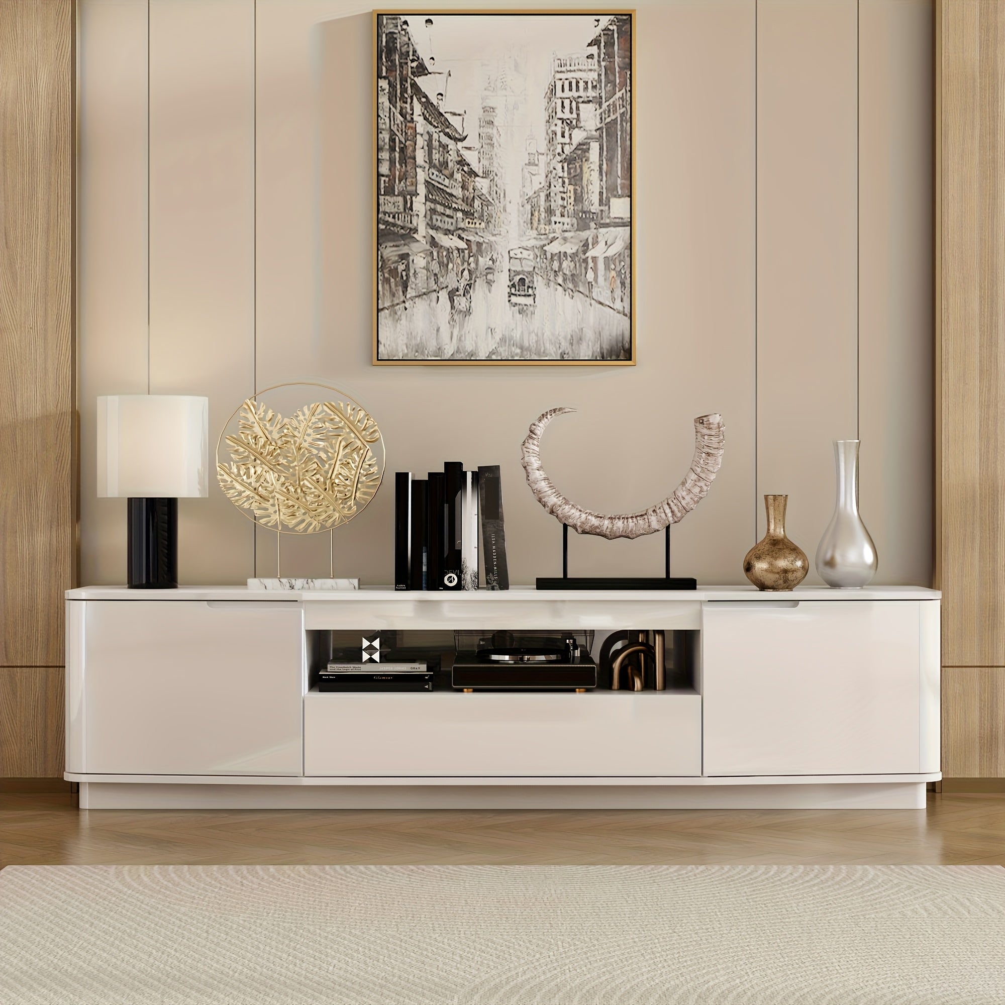 70.9'' W Contemporary 2-Door Television Stand Featuring a Drawer, Open Shelf, And 2 Side Cabinets, Floor Media Console Table Entertainment Center with Ample Counter Space, Ideal for Living Room, White