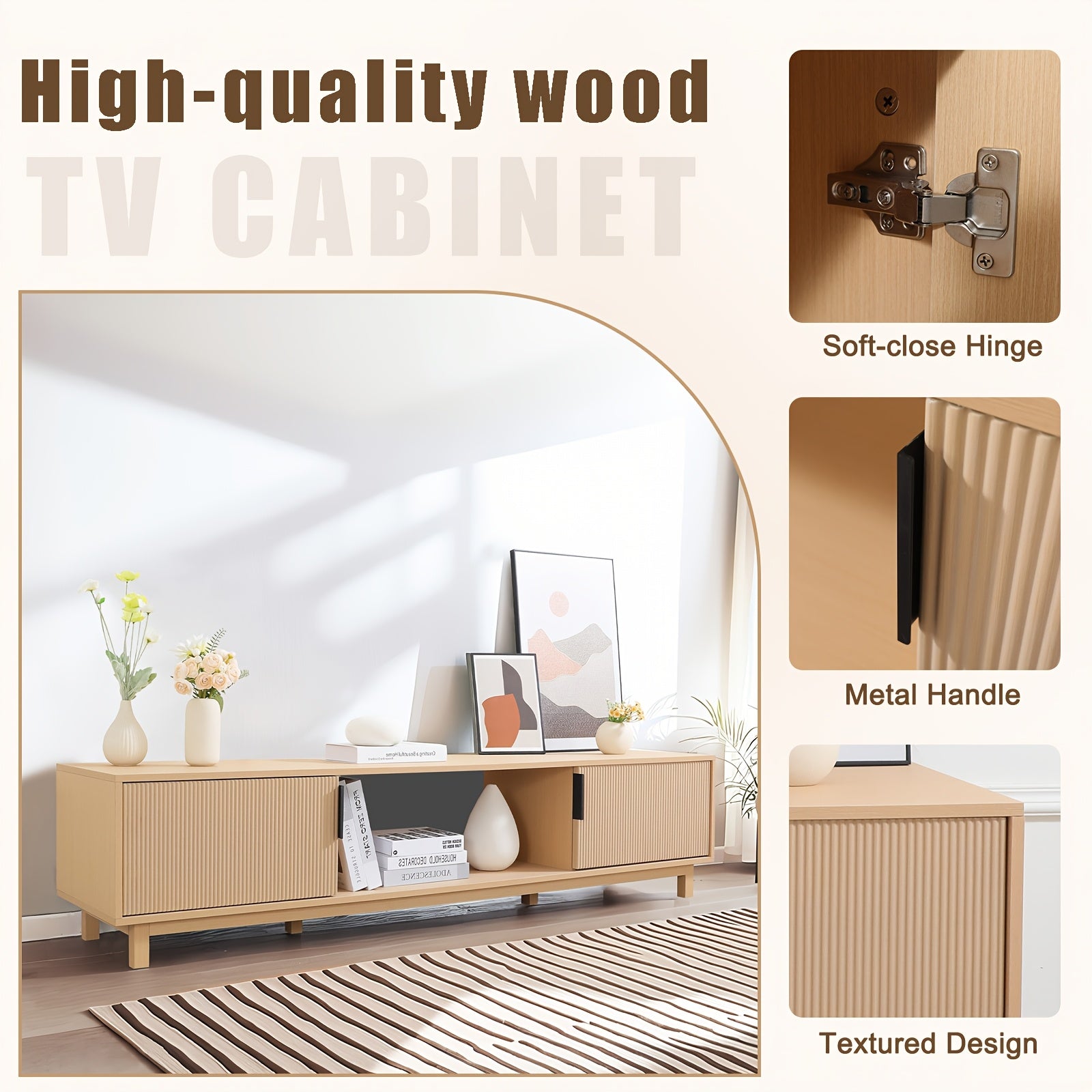 70-Inch Oak Television Stand Featuring a Recessed Groove, Ideal for 65\u002F70\u002F75-Inch Televisions, Bohemian-Style Media Console for Living Rooms, TV Entertainment Center with Storage Capability, Wooden TV Cabinet for Bedrooms