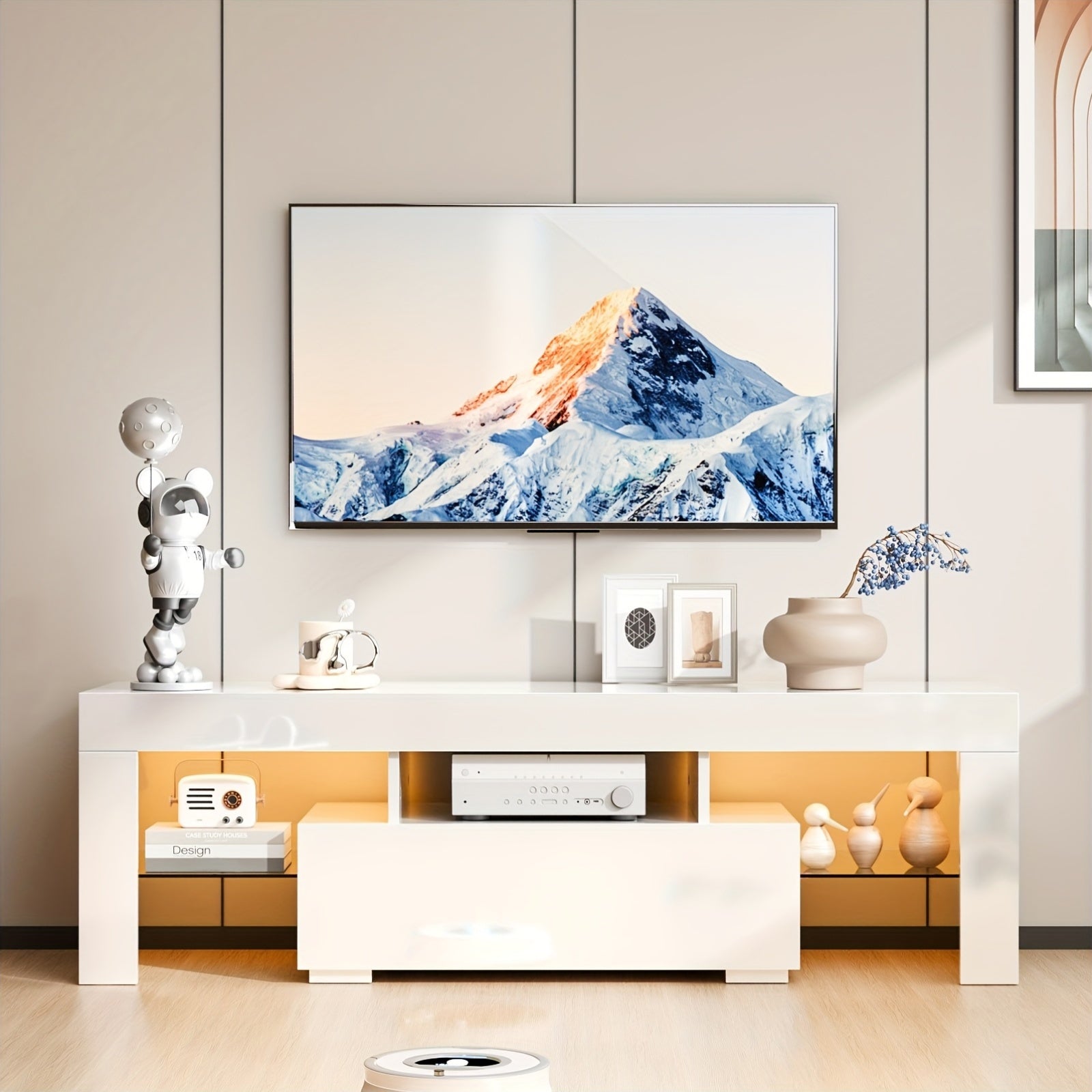 Industrial Television Stand, Cabinet with Drawer And Glass Shelf, Industrial Console with Open Storage for Living Room And Bedroom, (White, 51 Inches X 14 Inches X 18 Inches)