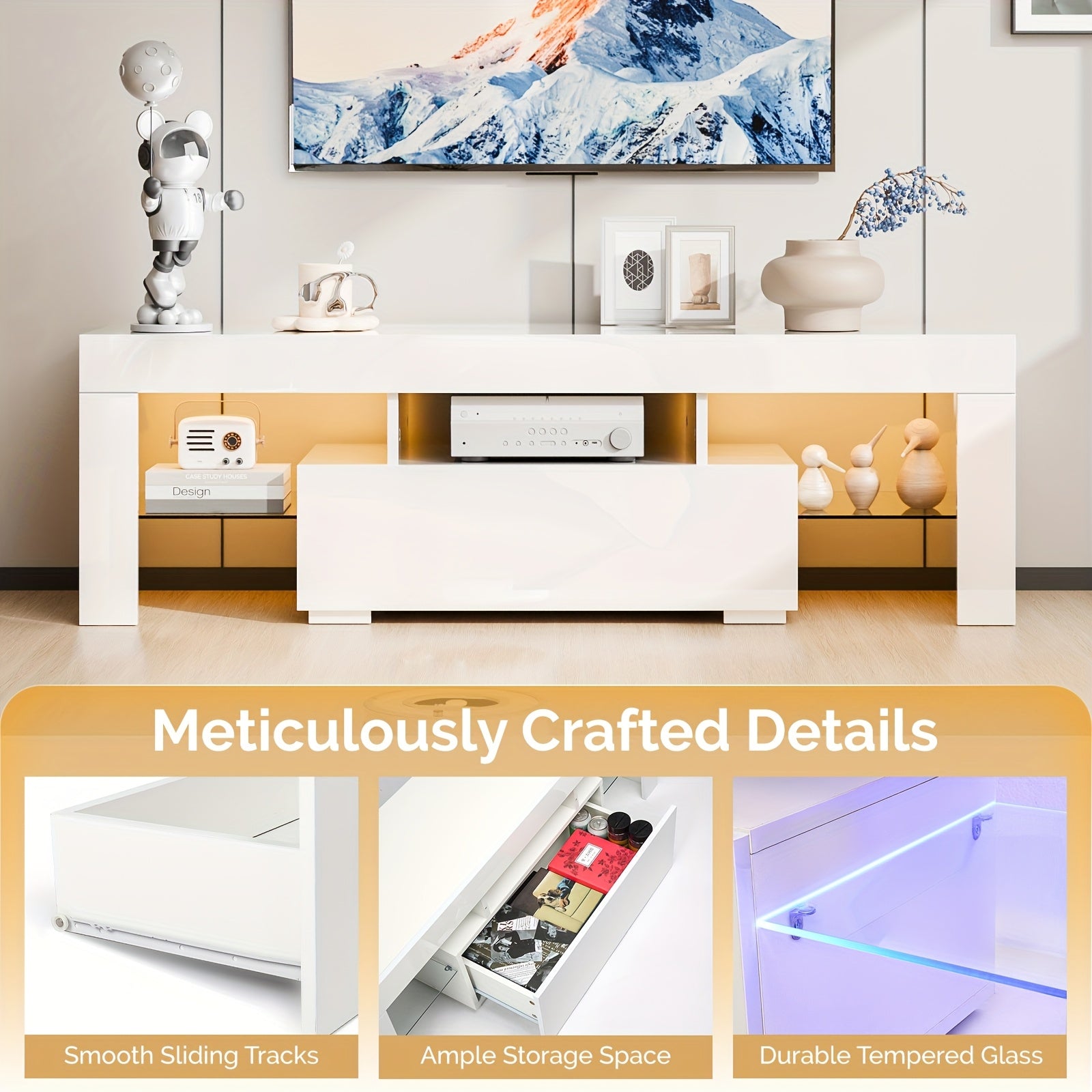 Industrial Television Stand, Cabinet with Drawer And Glass Shelf, Industrial Console with Open Storage for Living Room And Bedroom, (White, 51 Inches X 14 Inches X 18 Inches)