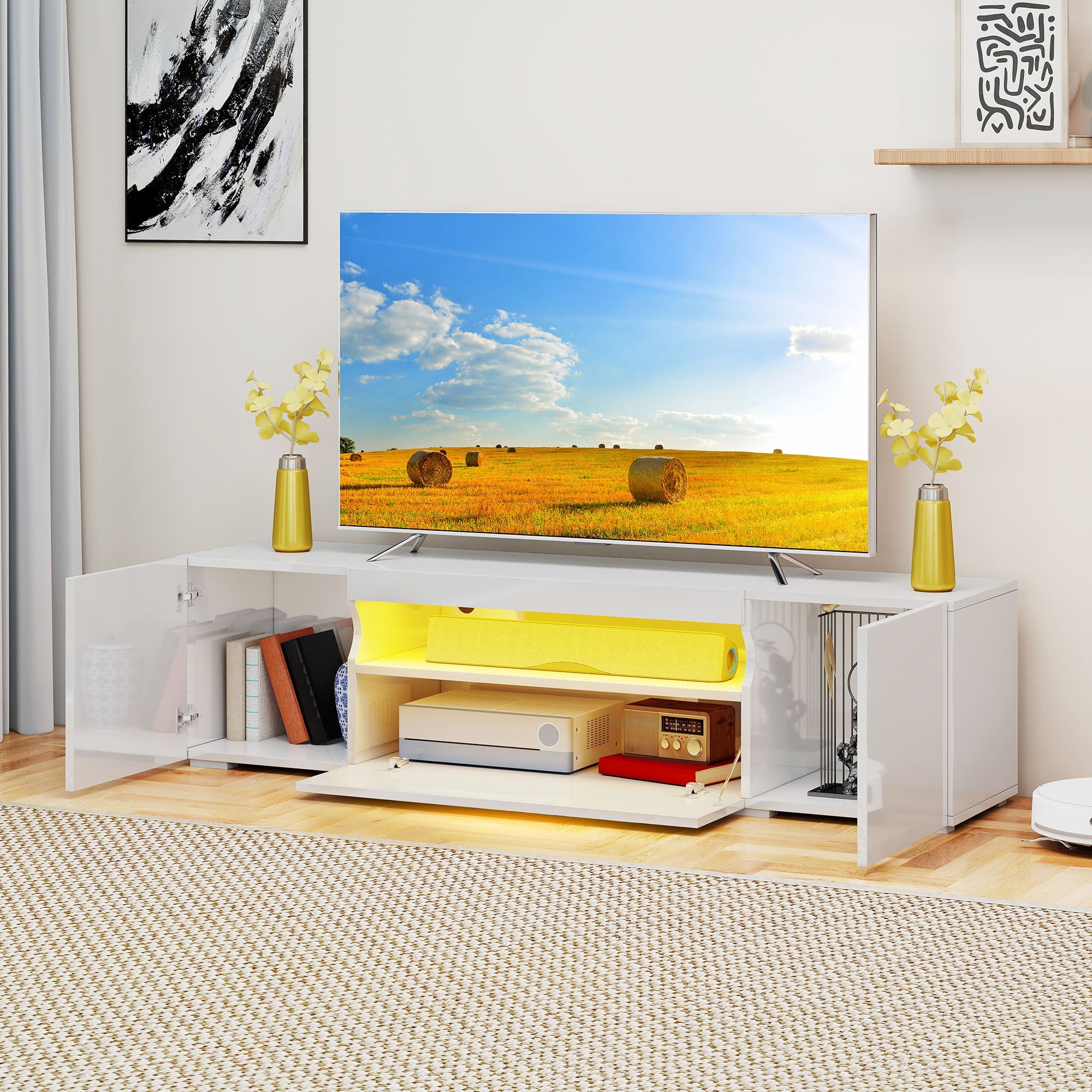 Modern White High-Gloss TV Stand for 75-Inch TVs | Sleek LED Entertainment Center with Ample Storage, Stylish Media Console Cabinet for Living Room, Artificial Board and Hardwood Material, Plug Powered, 110V Operating Voltage