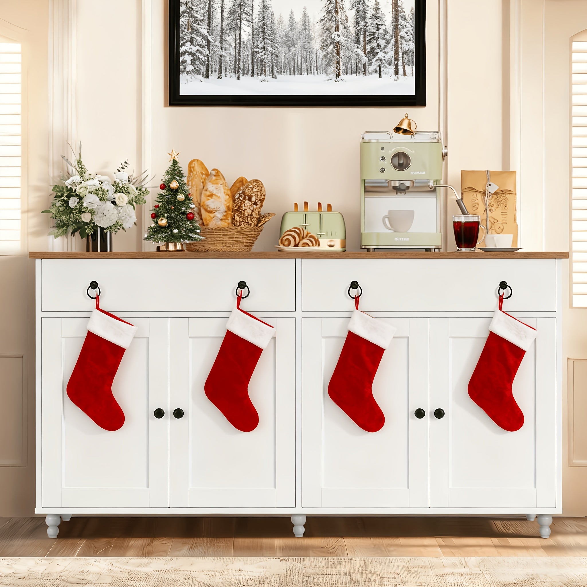 55'' Modern Multi-Functional Sideboard Buffet Cabinet, Buffet Cabinet with Adjustable Shelves & Elevated Legs, Mid-Century Kitchen Buffet Storage Cabinet with 2 Drawers & 4 Doors, TV Stand Buffet, Cabinet, Suitable for Living Room, Kitchen, Dining