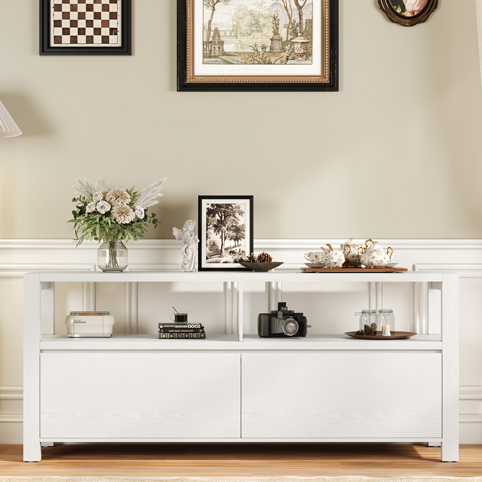 62-Inch Contemporary Television Cabinet, Suitable for 30 to 70-Inch Screens, Featuring Open Shelving And Two Drawers, Easy to Put Together for The Living Area